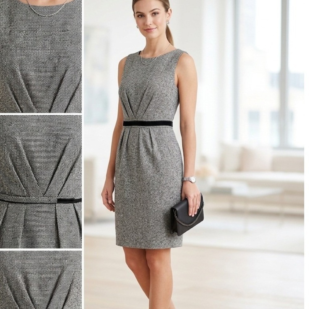 6 Ann Taylor Loft Womens Gray Tweed Sheath Dress Sleeveless Pleated Classic